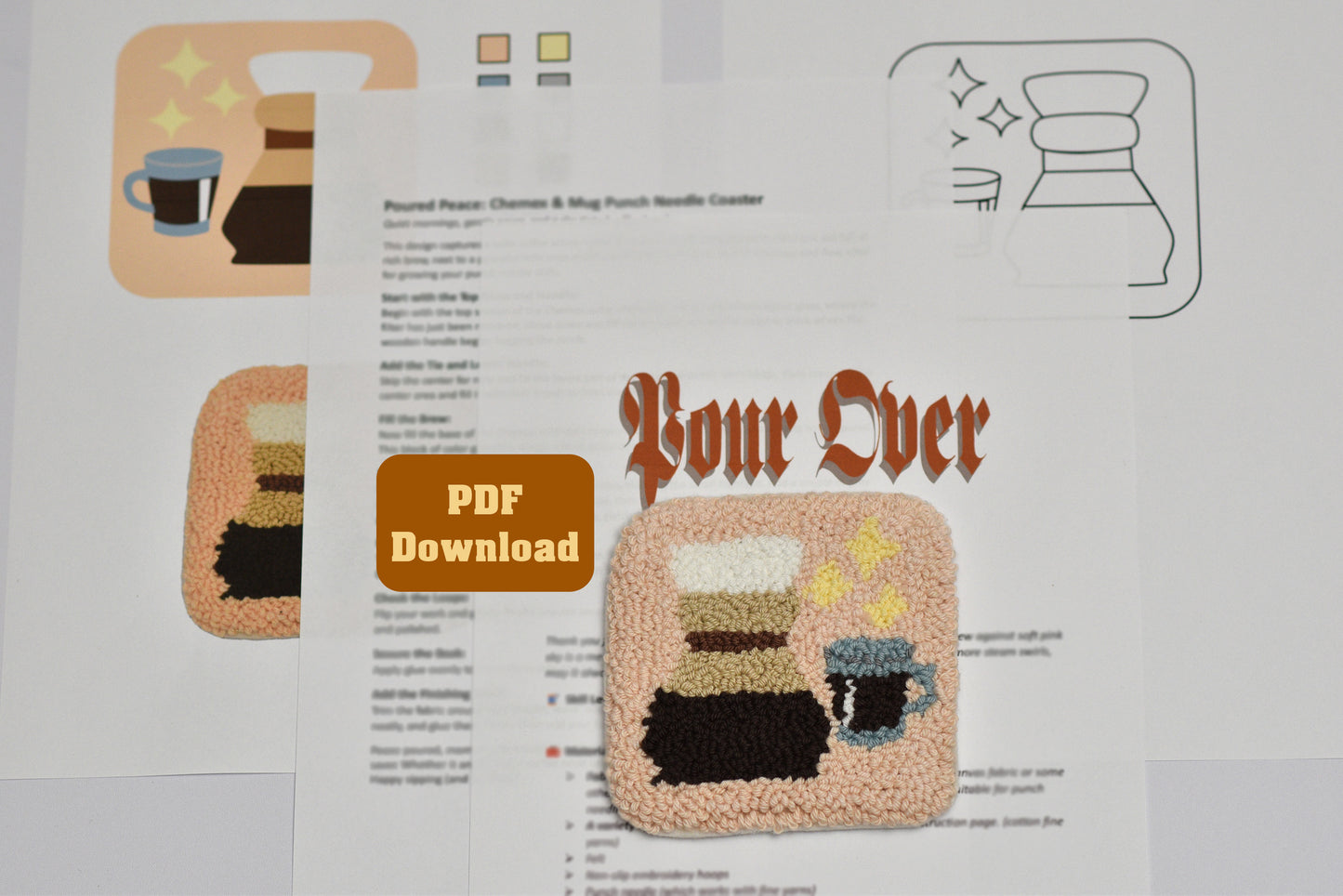 Punch needled coaster pattern with coffee chemex titled 'Pour Over' design and PDF download button on a white background