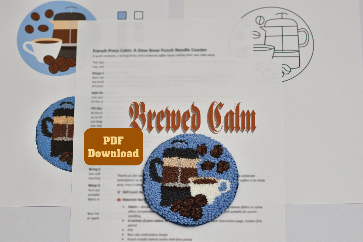 Coffee-themed punch needle coaster pattern with 'Brewed Calm' text including PDF download link