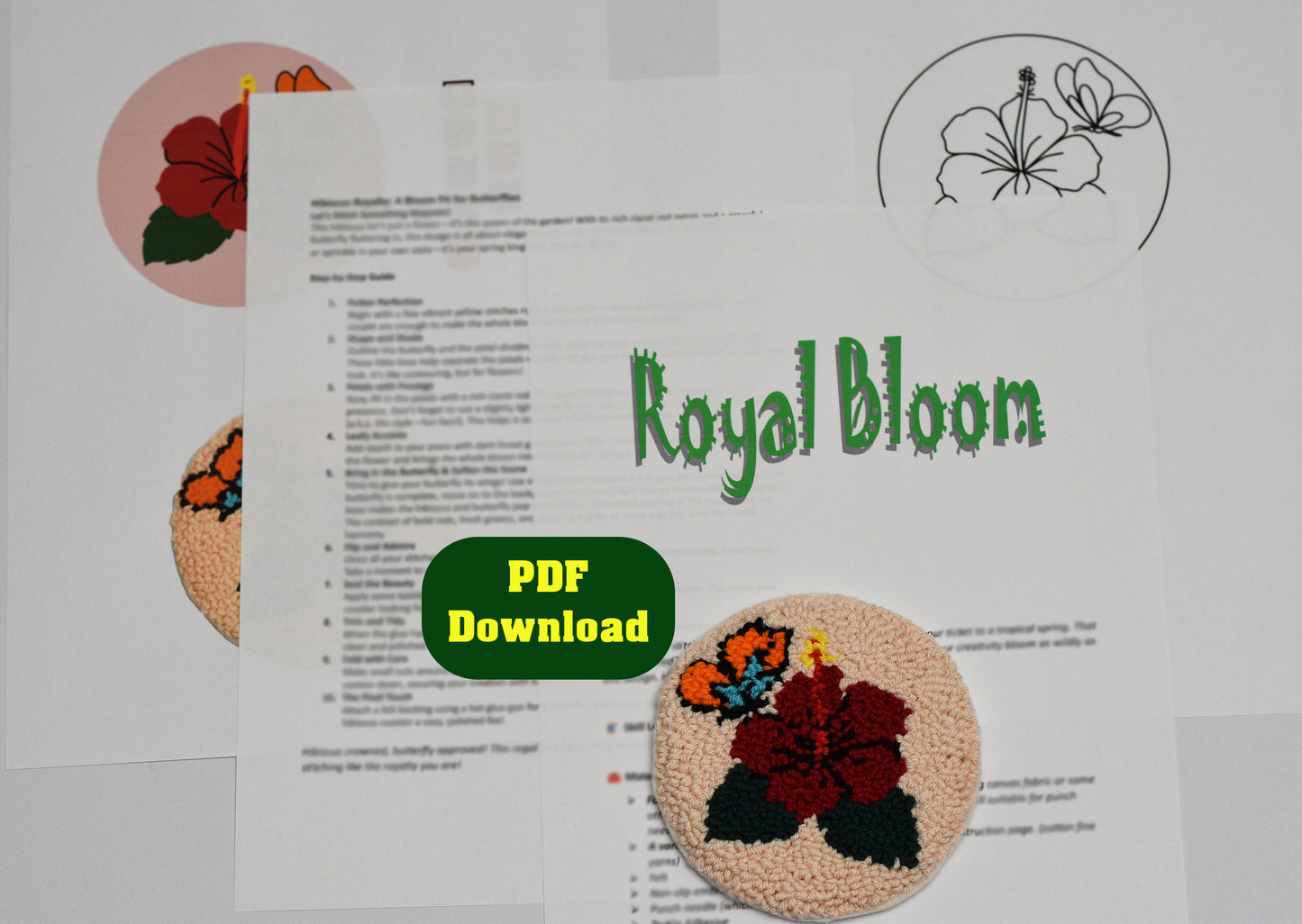 Embroidery coaster design with 'Royal Bloom' branding and PDF download option on a white background.