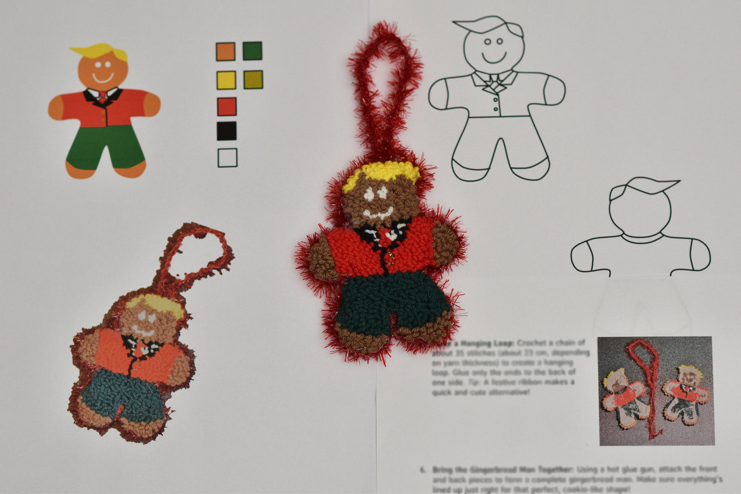 Instructions for making a gingerbread man ornament with color swatches and diagrams.