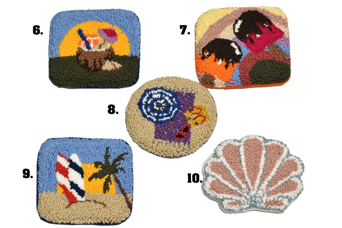Collection of colorful coasters with various designs on a white background