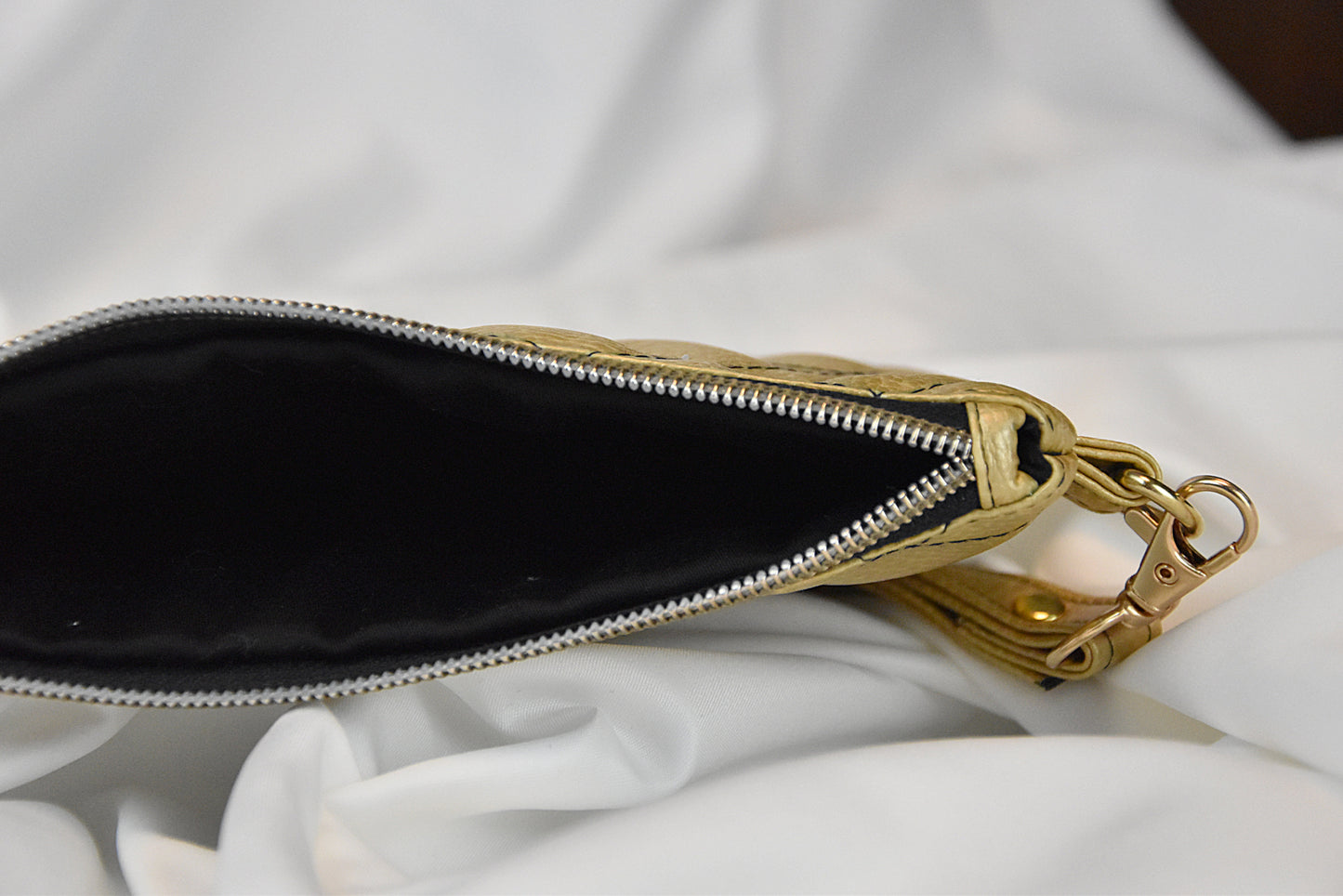 Quilted gold faux leather wristlet / Gold clutch evening bag