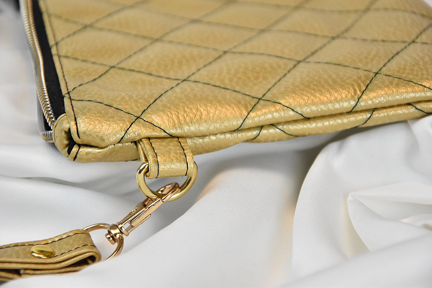Quilted gold faux leather wristlet / Gold clutch evening bag