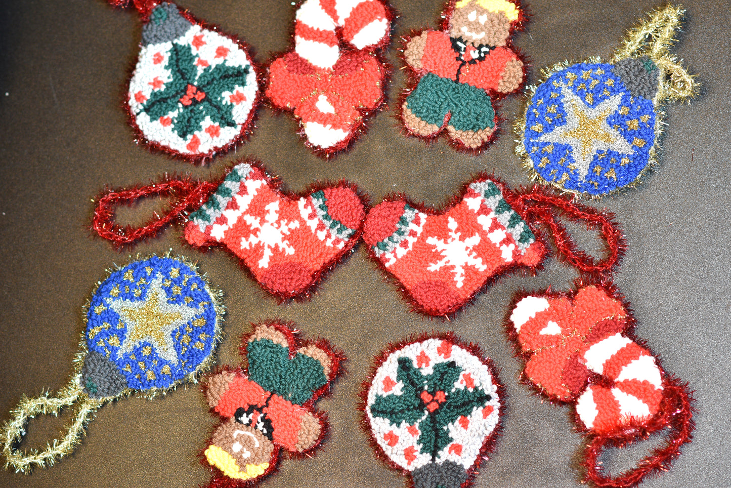 Christmas Ornaments, stockings, candy cane, stars, gingerbread man, mistletoe