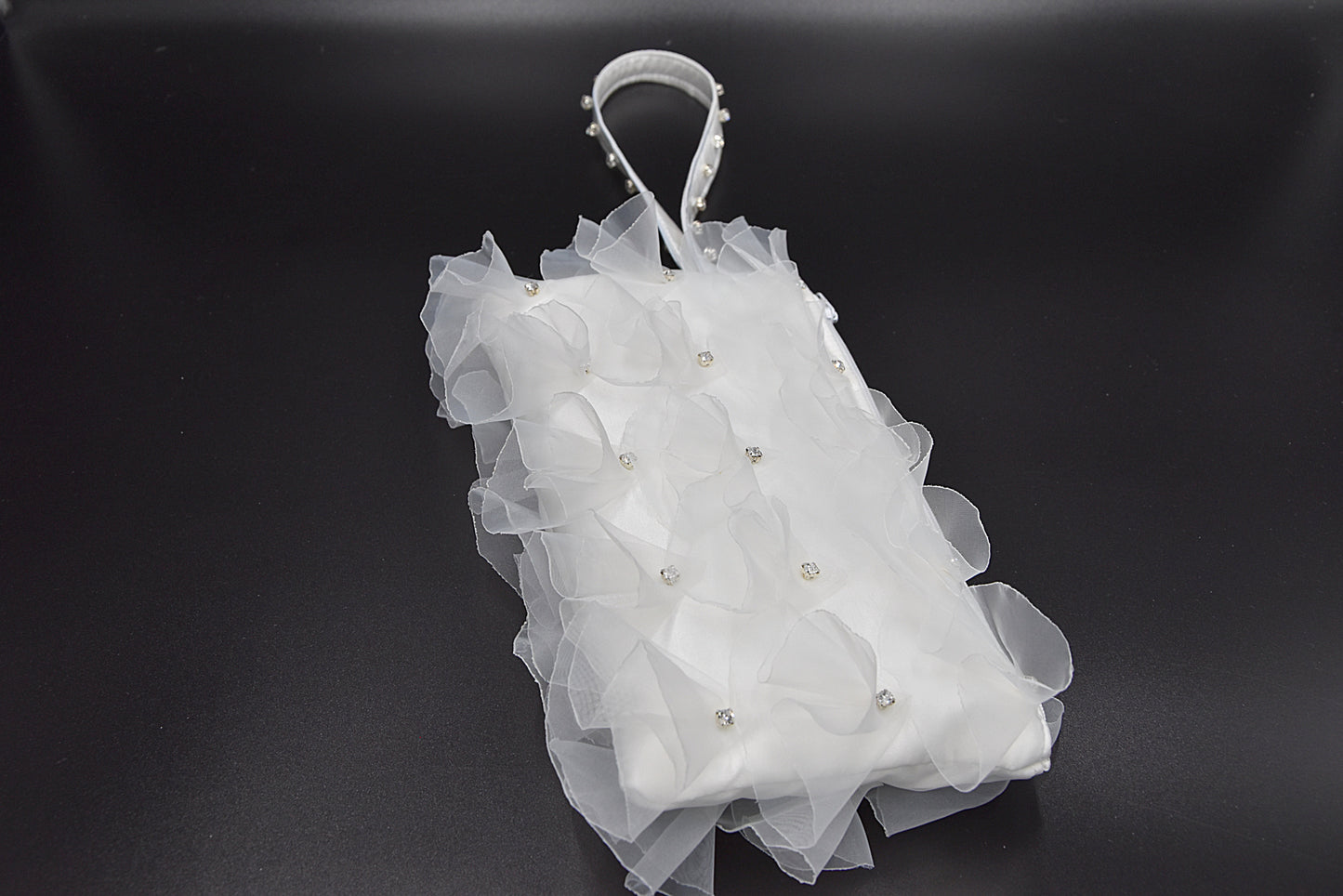 White organza bridal wristlet bag with rhinestones-(Hand-sewn 3D look)