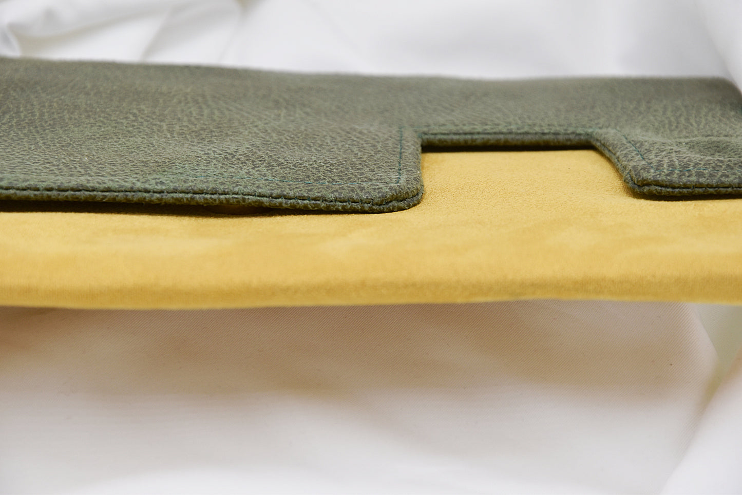 Asymmetric clutch bag / Green recycled leather and mustard yellow suede