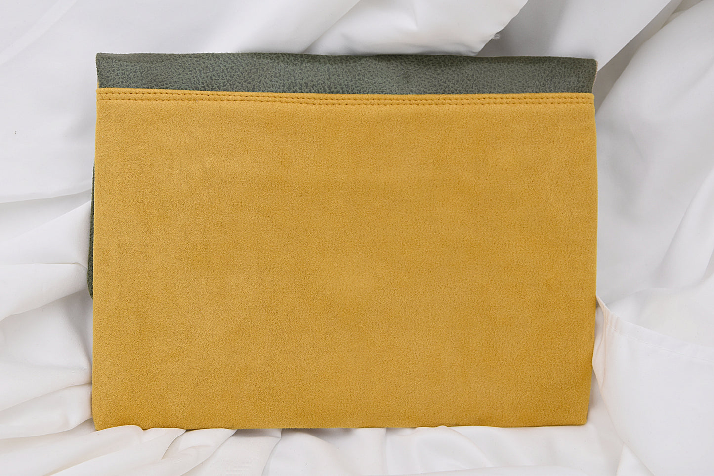 Asymmetric clutch bag / Green recycled leather and mustard yellow suede