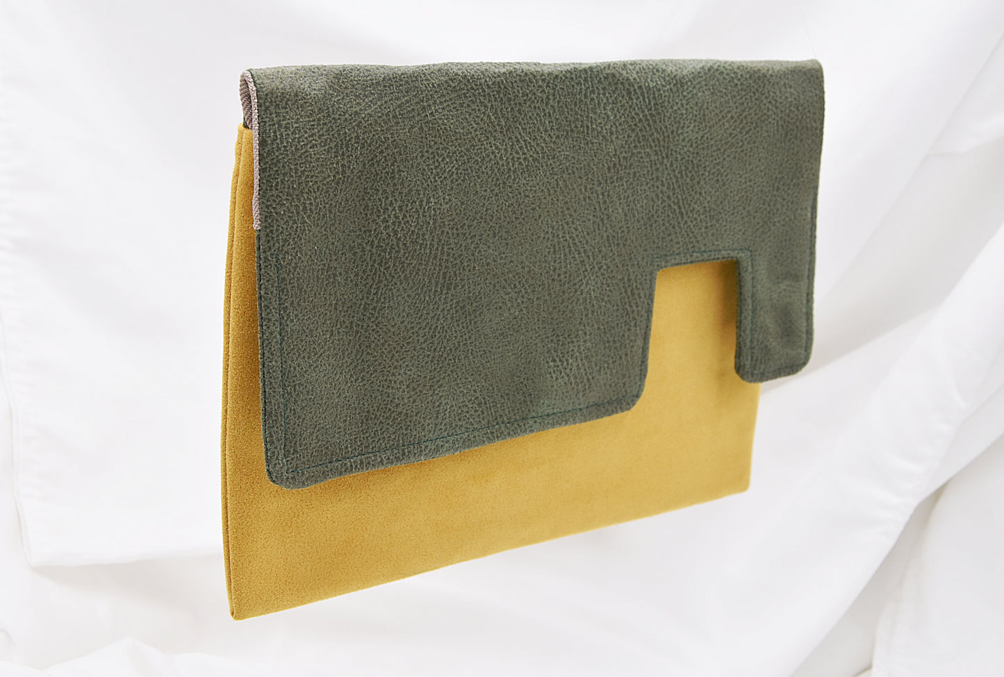 Asymmetric clutch bag / Green recycled leather and mustard yellow suede