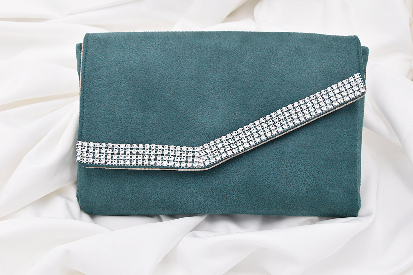 Green faux leather clutch bag with rhinestone effect shiny band