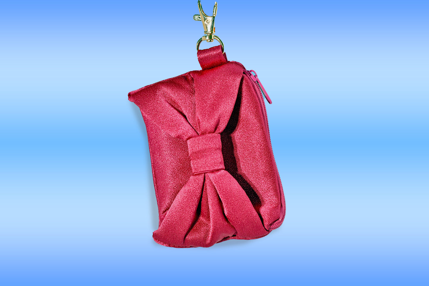 Satin zipper coin purse with bow and carabiner/snap hook
