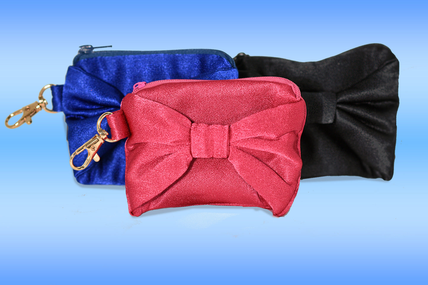 Satin zipper coin purse with bow and carabiner/snap hook