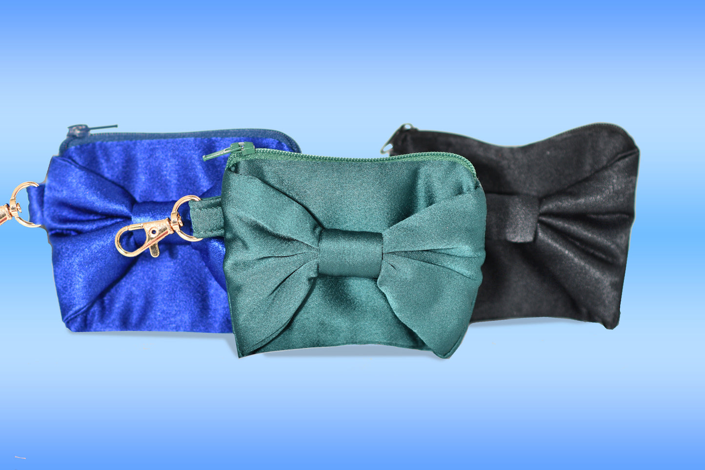 Satin zipper coin purse with bow and carabiner/snap hook
