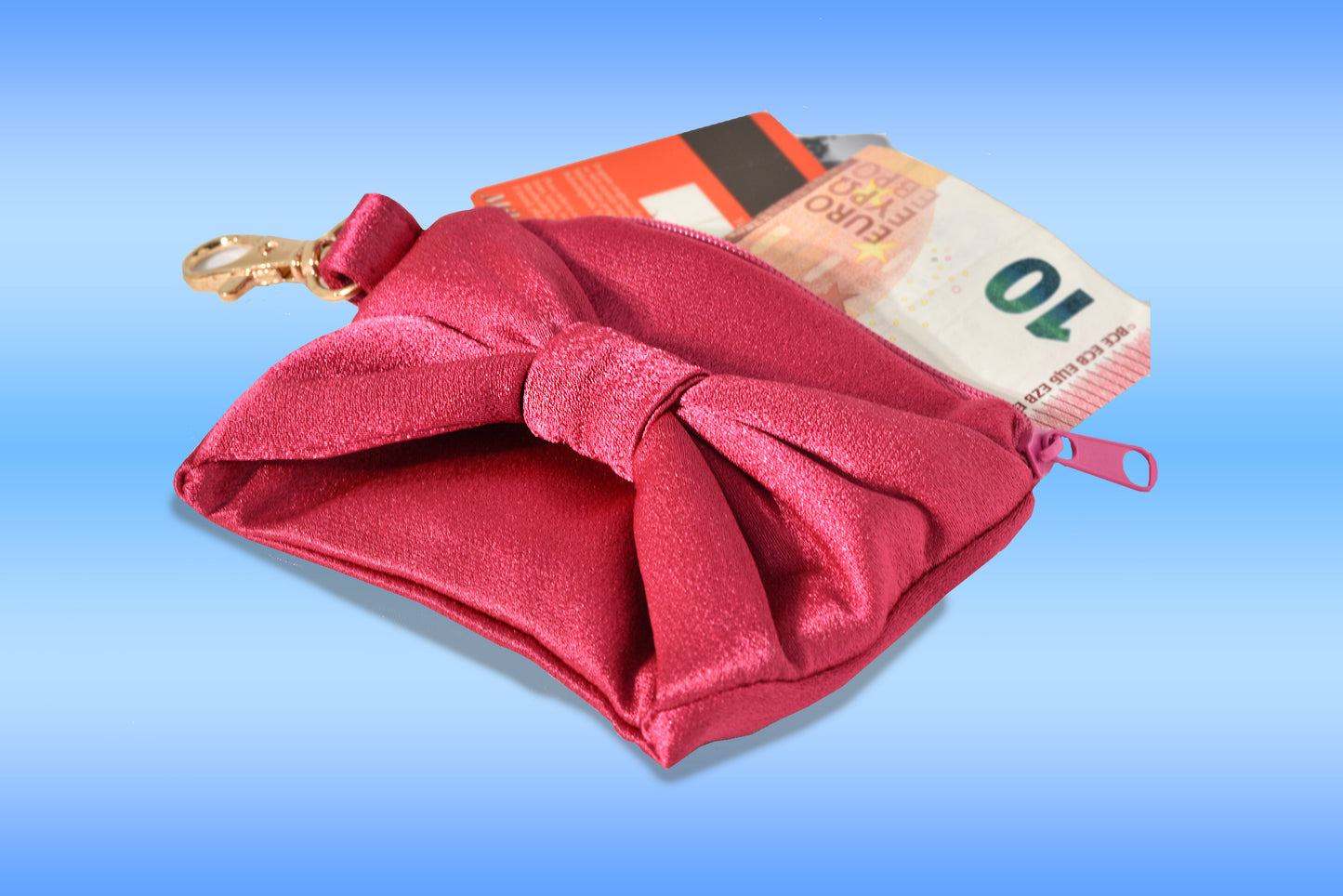 Satin zipper coin purse with bow and carabiner/snap hook