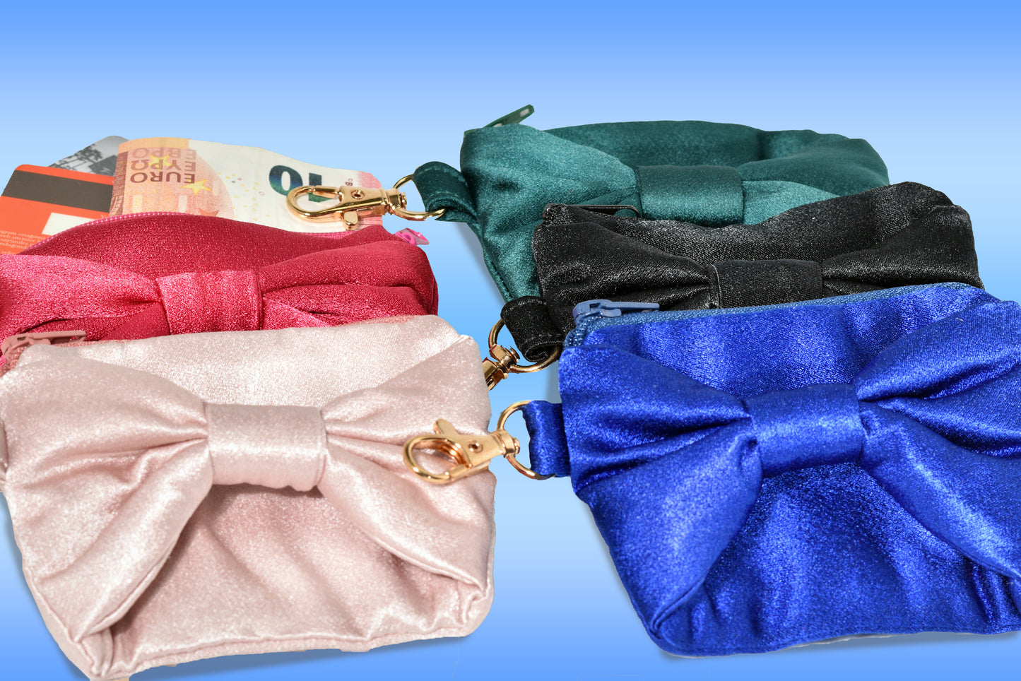 Satin zipper coin purse with bow and carabiner/snap hook