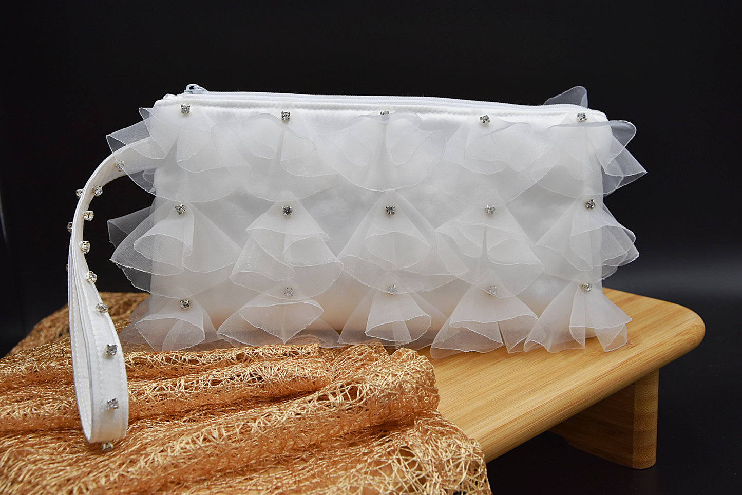 White organza bridal wristlet bag with rhinestones-(Hand-sewn 3D look)