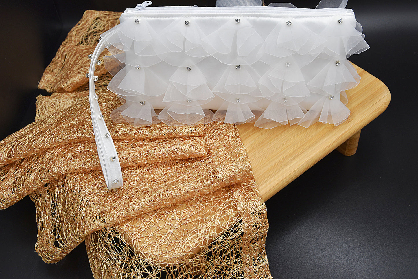 White organza bridal wristlet bag with rhinestones-(Hand-sewn 3D look)