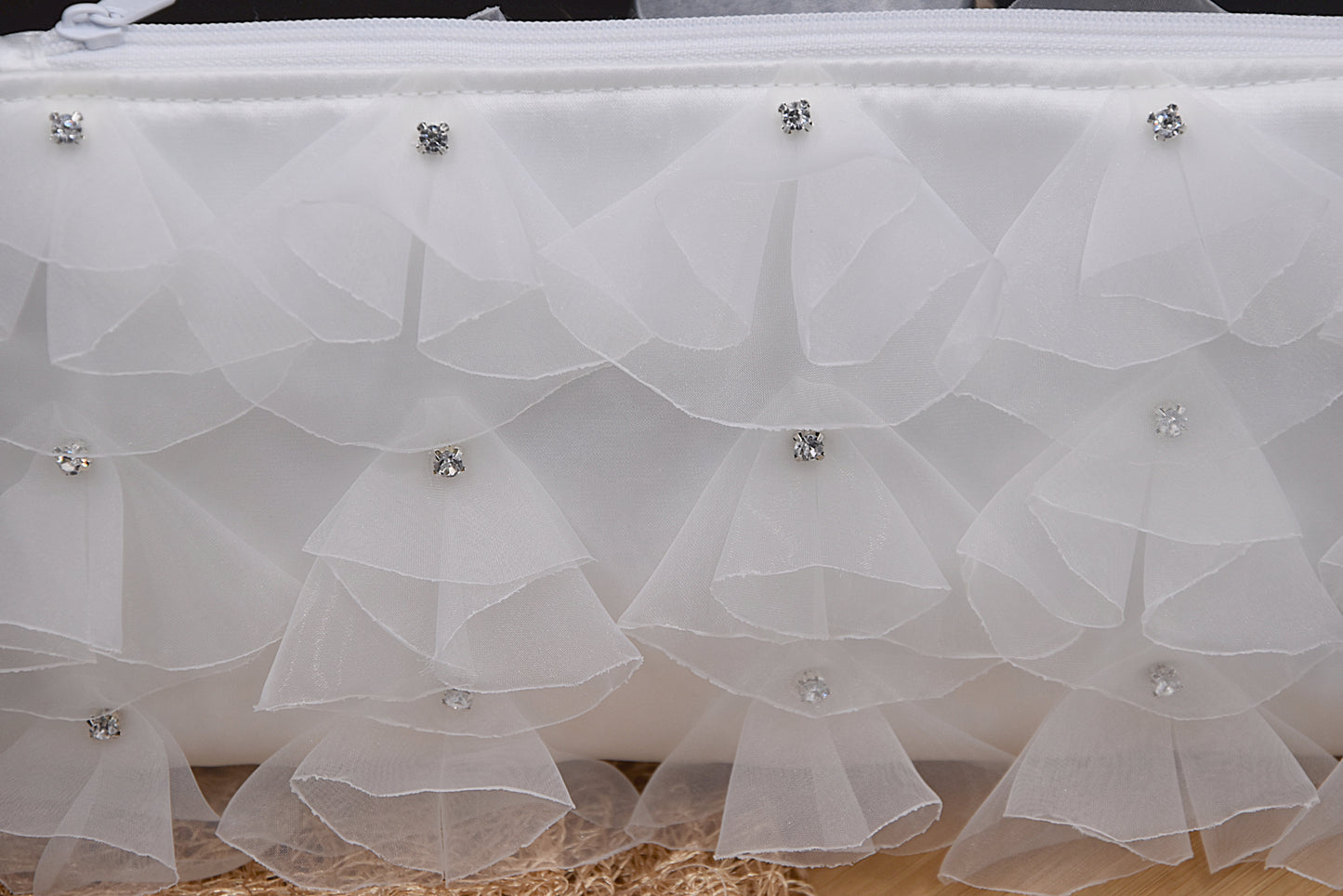 White organza bridal wristlet bag with rhinestones-(Hand-sewn 3D look)