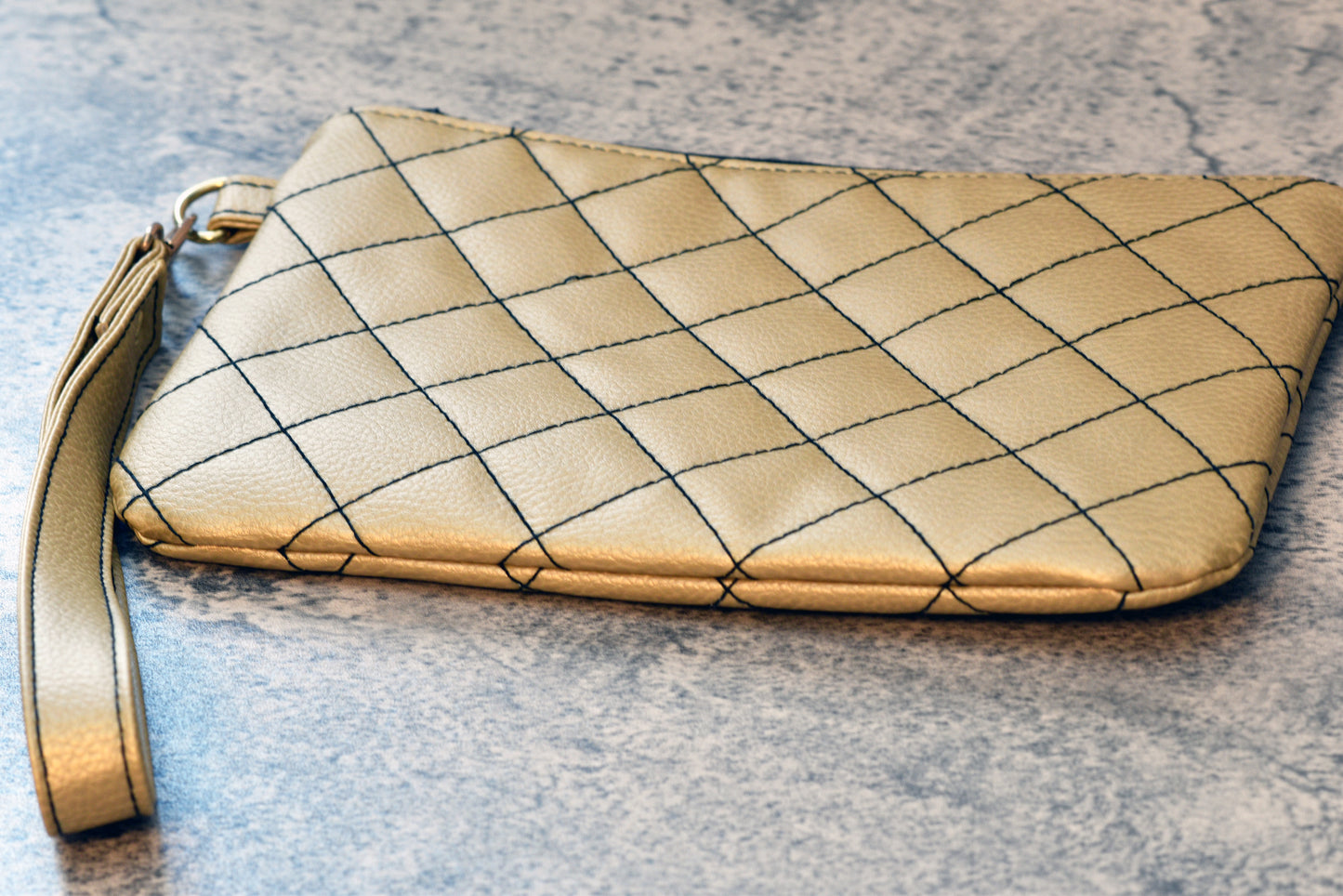 Quilted gold faux leather wristlet / Gold clutch evening bag