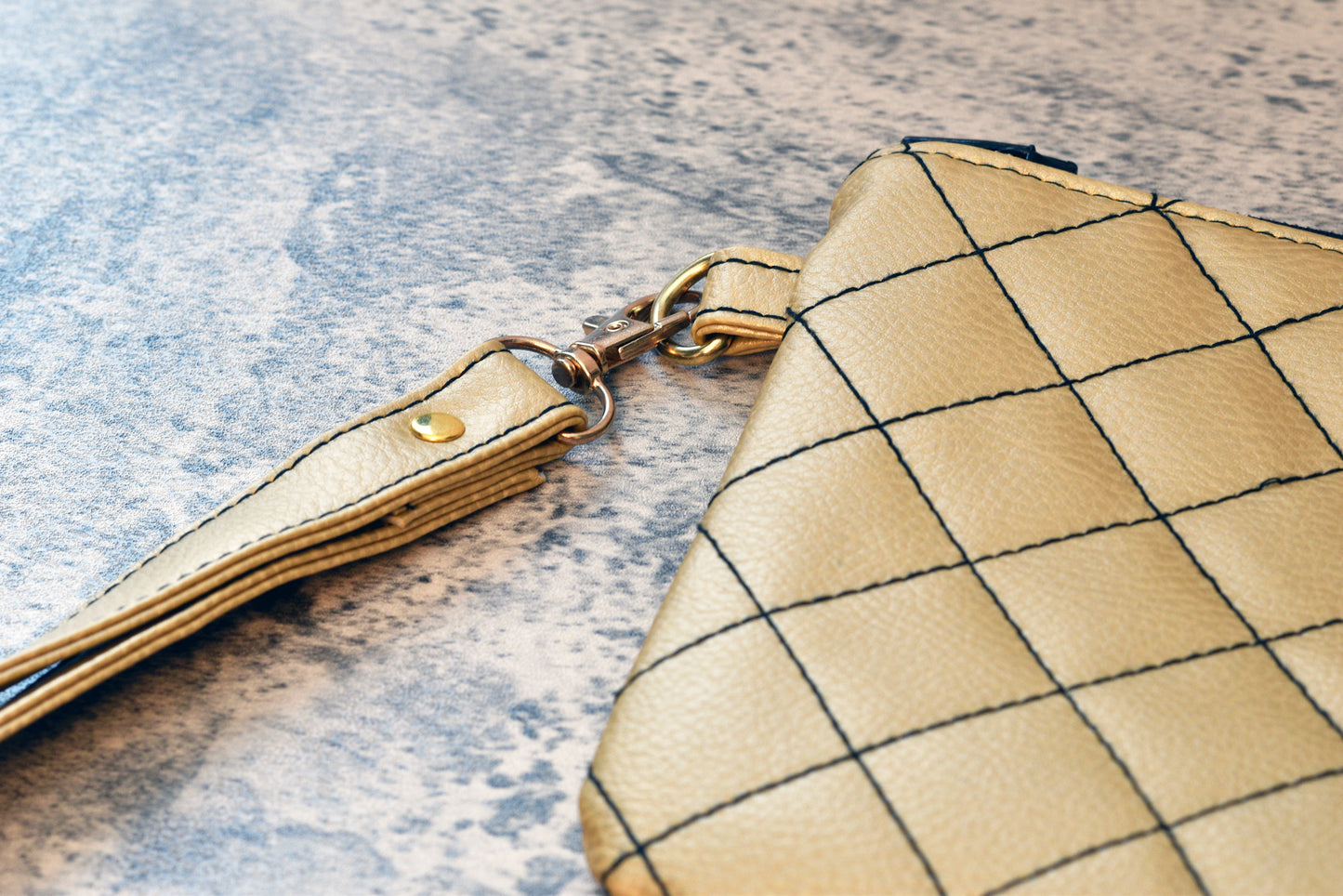 Quilted gold faux leather wristlet / Gold clutch evening bag