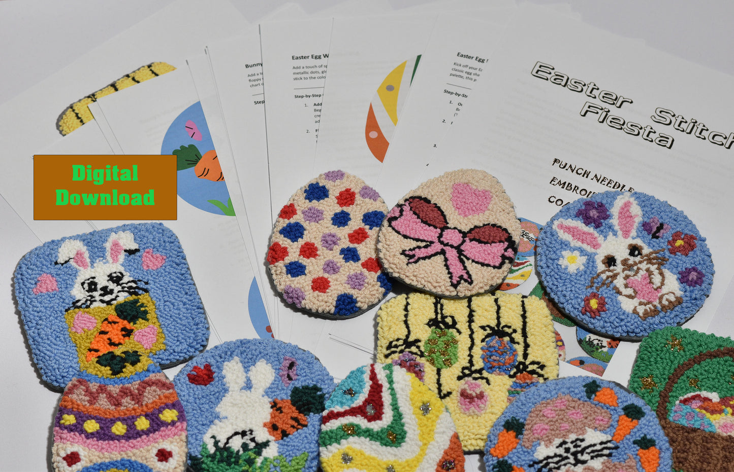 showing Digital download details in papers at the background of Several Easter punch needle coasters
