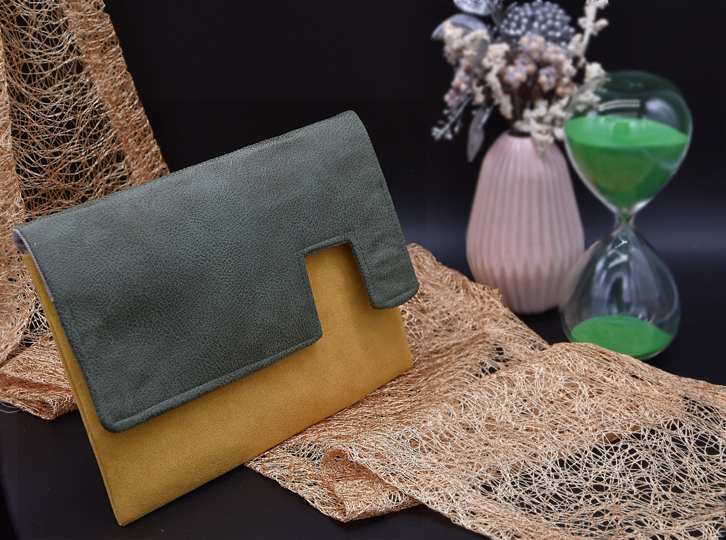 Asymmetric clutch bag / Green recycled leather and mustard yellow suede
