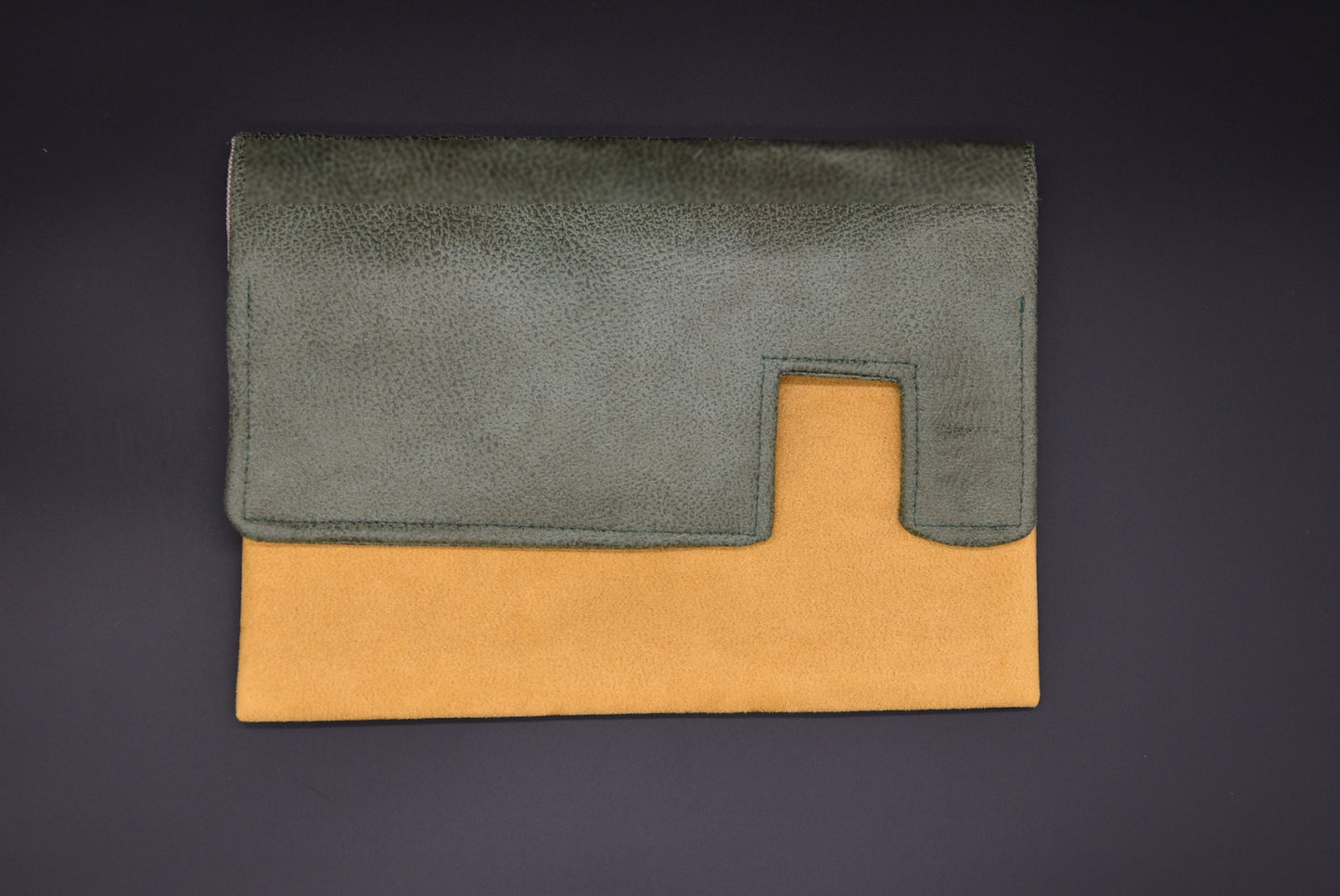 Asymmetric clutch bag / Green recycled leather and mustard yellow suede