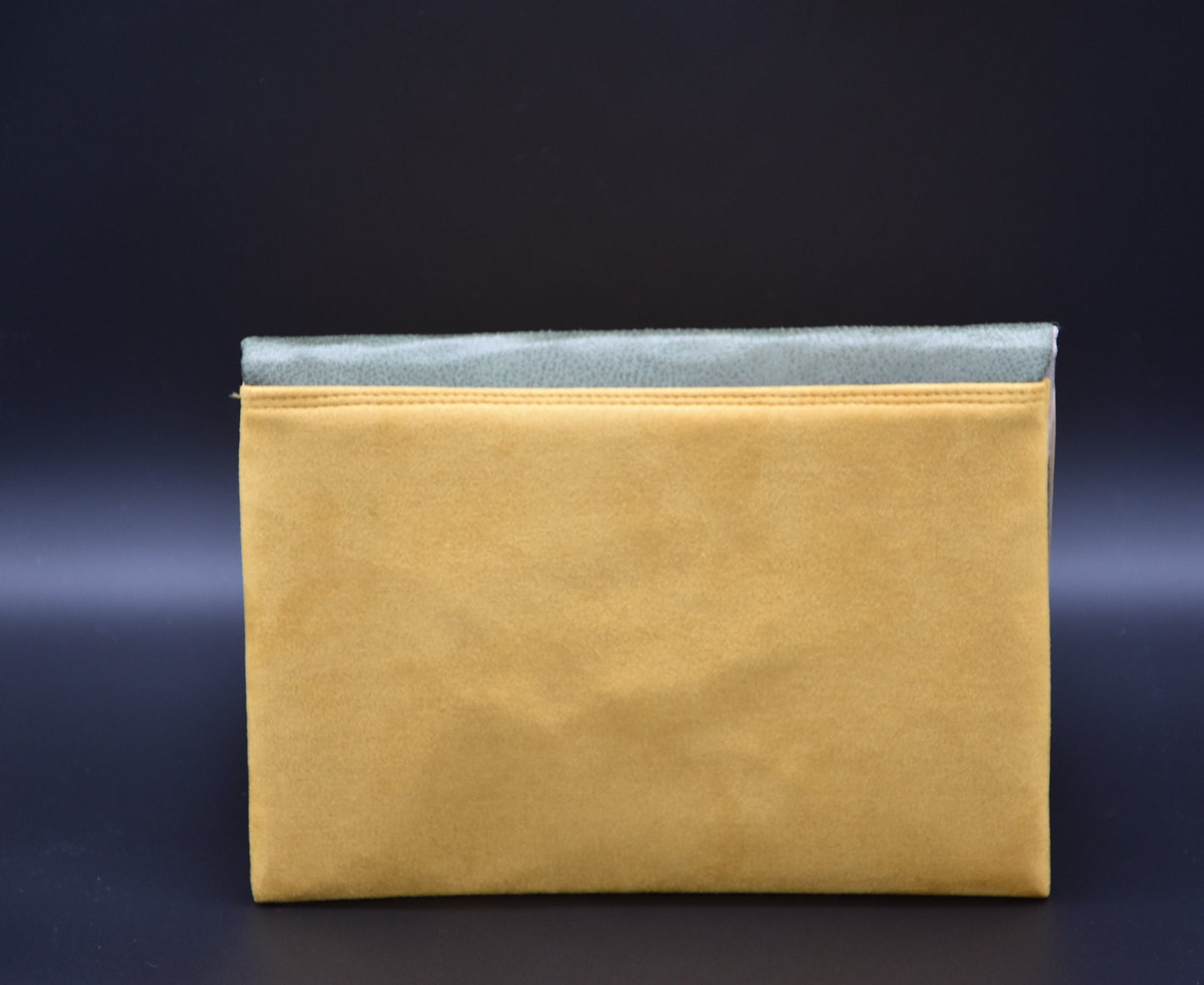 Asymmetric clutch bag / Green recycled leather and mustard yellow suede