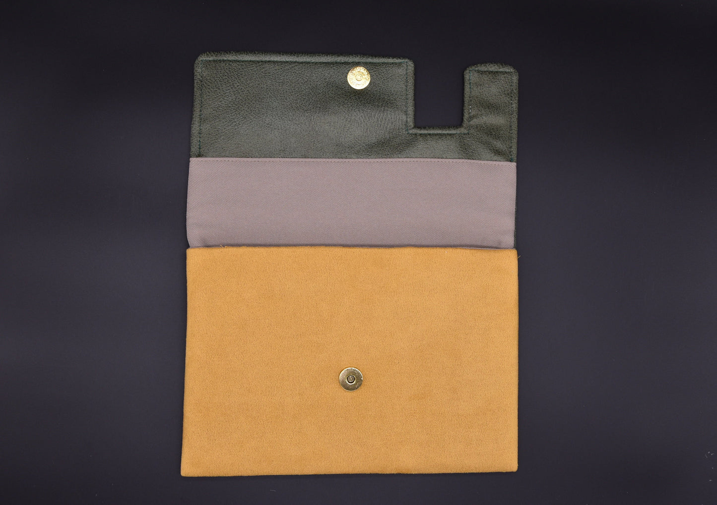 Asymmetric clutch bag / Green recycled leather and mustard yellow suede