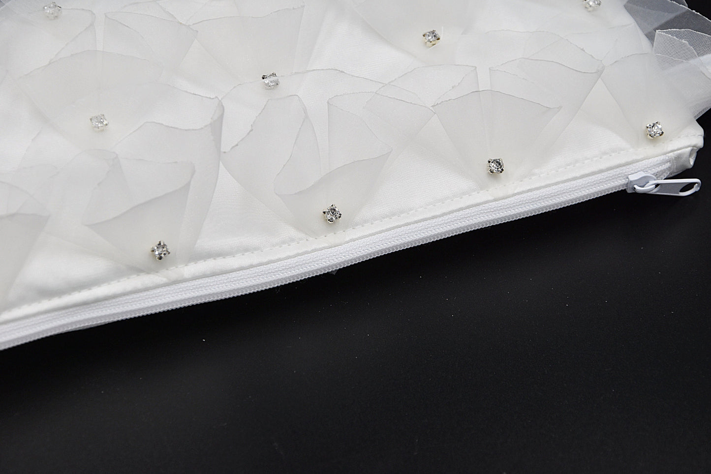 White organza bridal wristlet bag with rhinestones-(Hand-sewn 3D look)