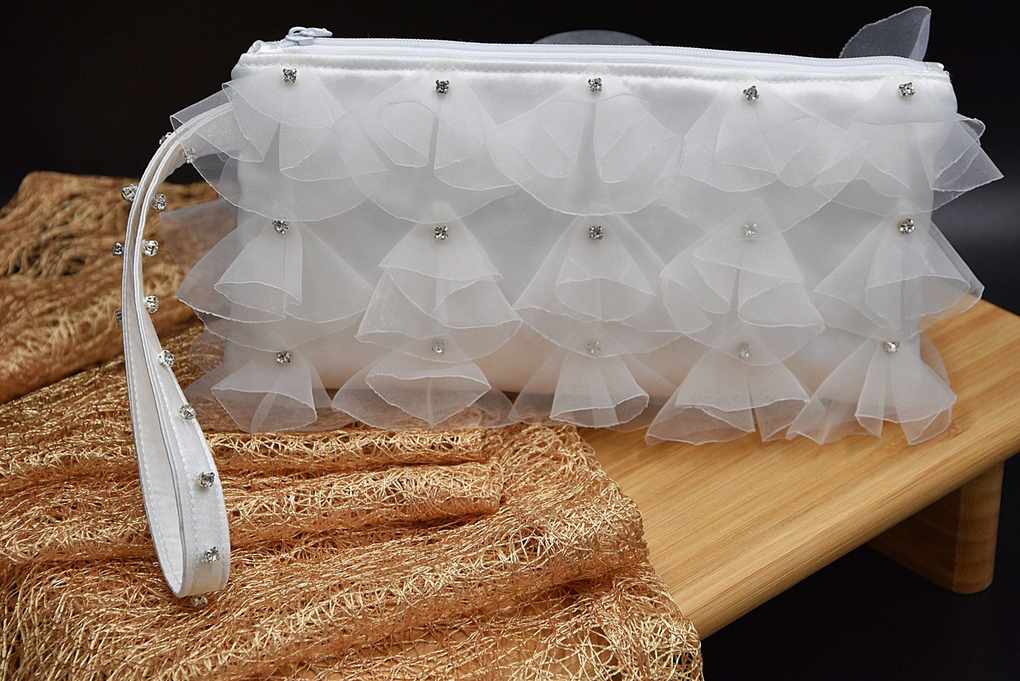 White organza bridal wristlet bag with rhinestones-(Hand-sewn 3D look)