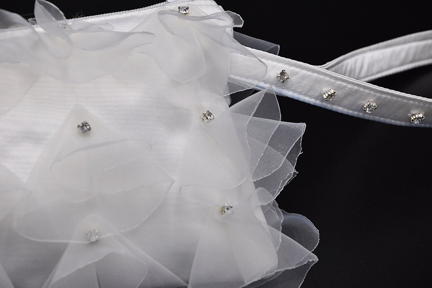 White organza bridal wristlet bag with rhinestones-(Hand-sewn 3D look)