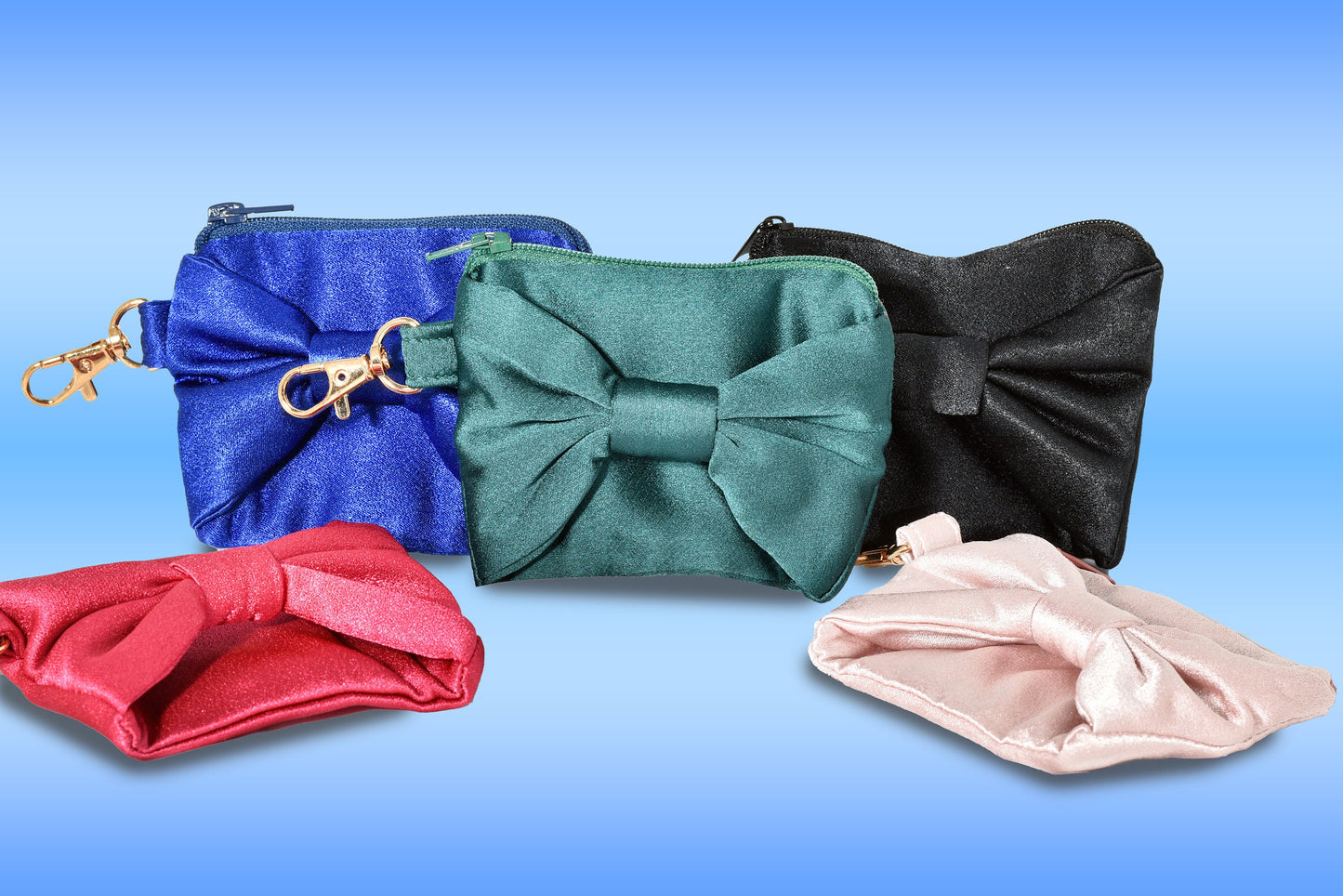 Satin zipper coin purse with bow and carabiner/snap hook
