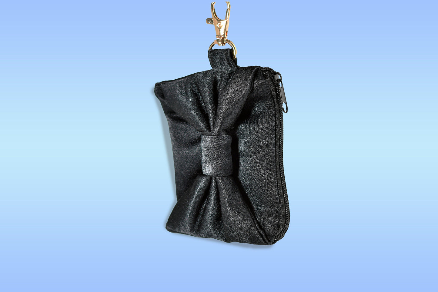 Satin zipper coin purse with bow and carabiner/snap hook