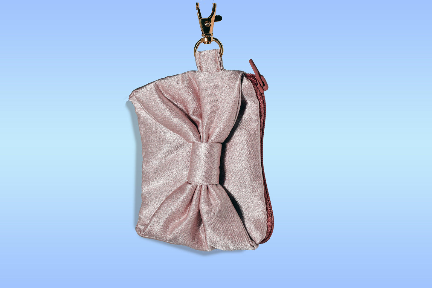 Satin zipper coin purse with bow and carabiner/snap hook