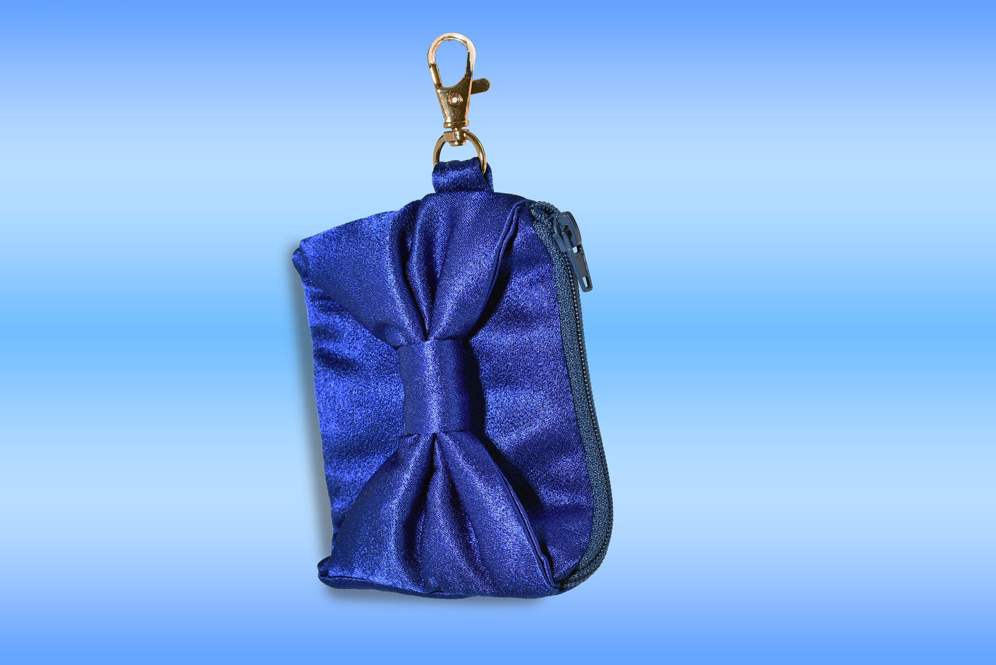 Satin zipper coin purse with bow and carabiner/snap hook