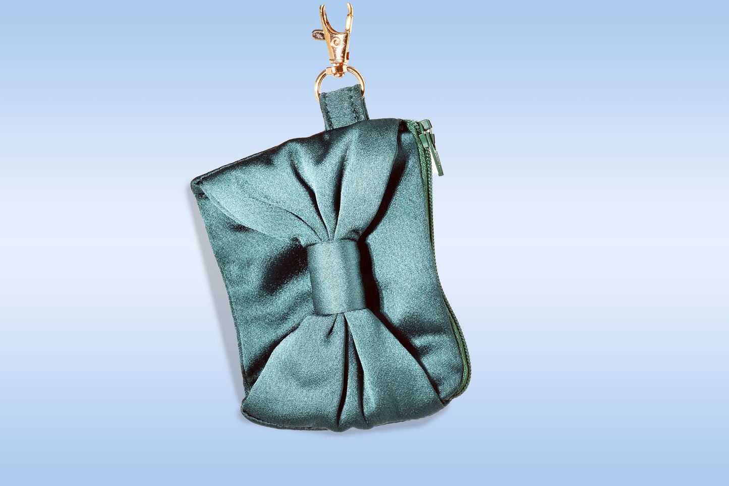 Satin zipper coin purse with bow and carabiner/snap hook