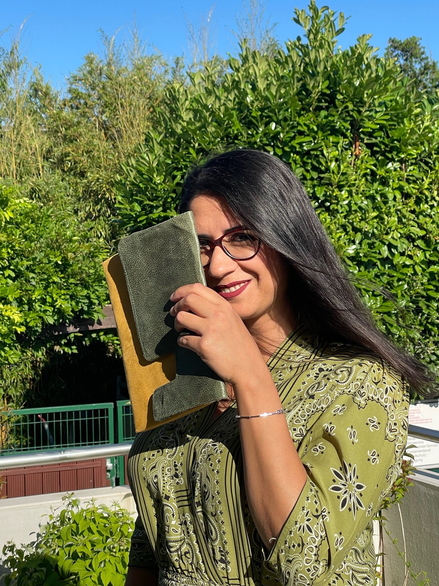 Asymmetric clutch bag / Green recycled leather and mustard yellow suede