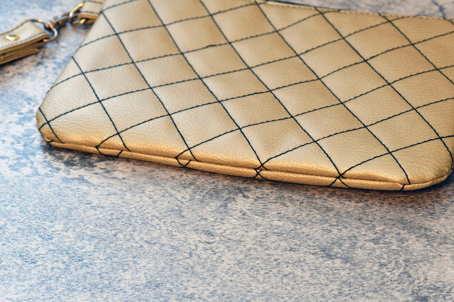 Quilted gold faux leather wristlet / Gold clutch evening bag