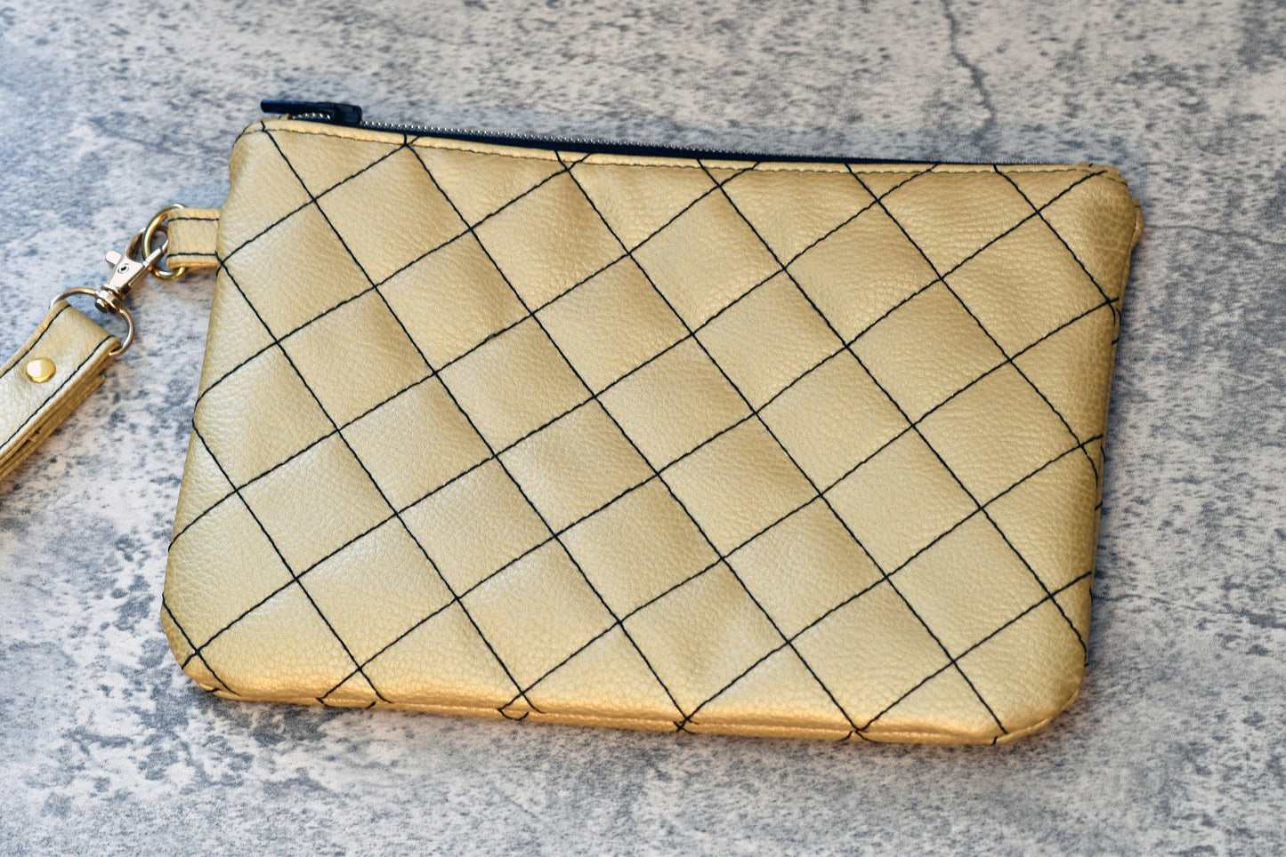 Quilted gold faux leather wristlet / Gold clutch evening bag