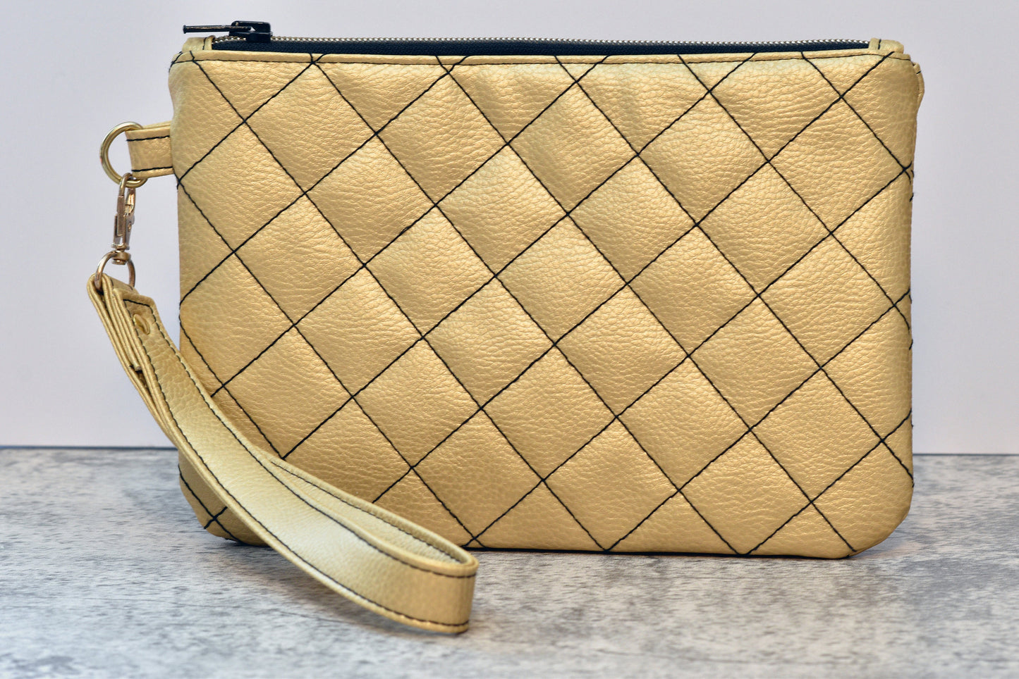 Quilted gold faux leather wristlet / Gold clutch evening bag
