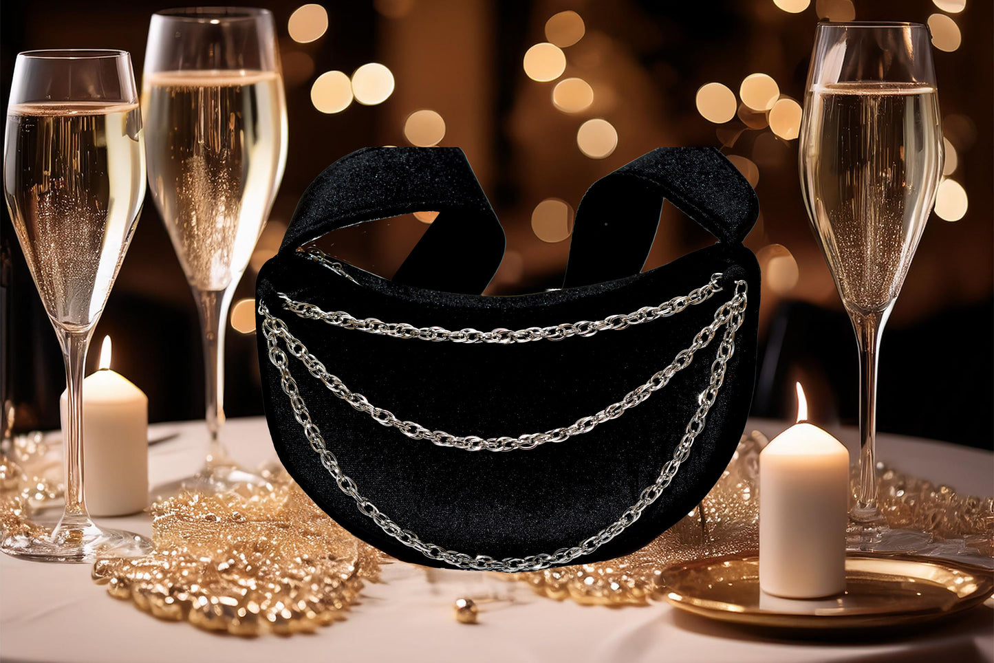 Black velvet bag with silver chains on a table with champagne glasses and candles.
