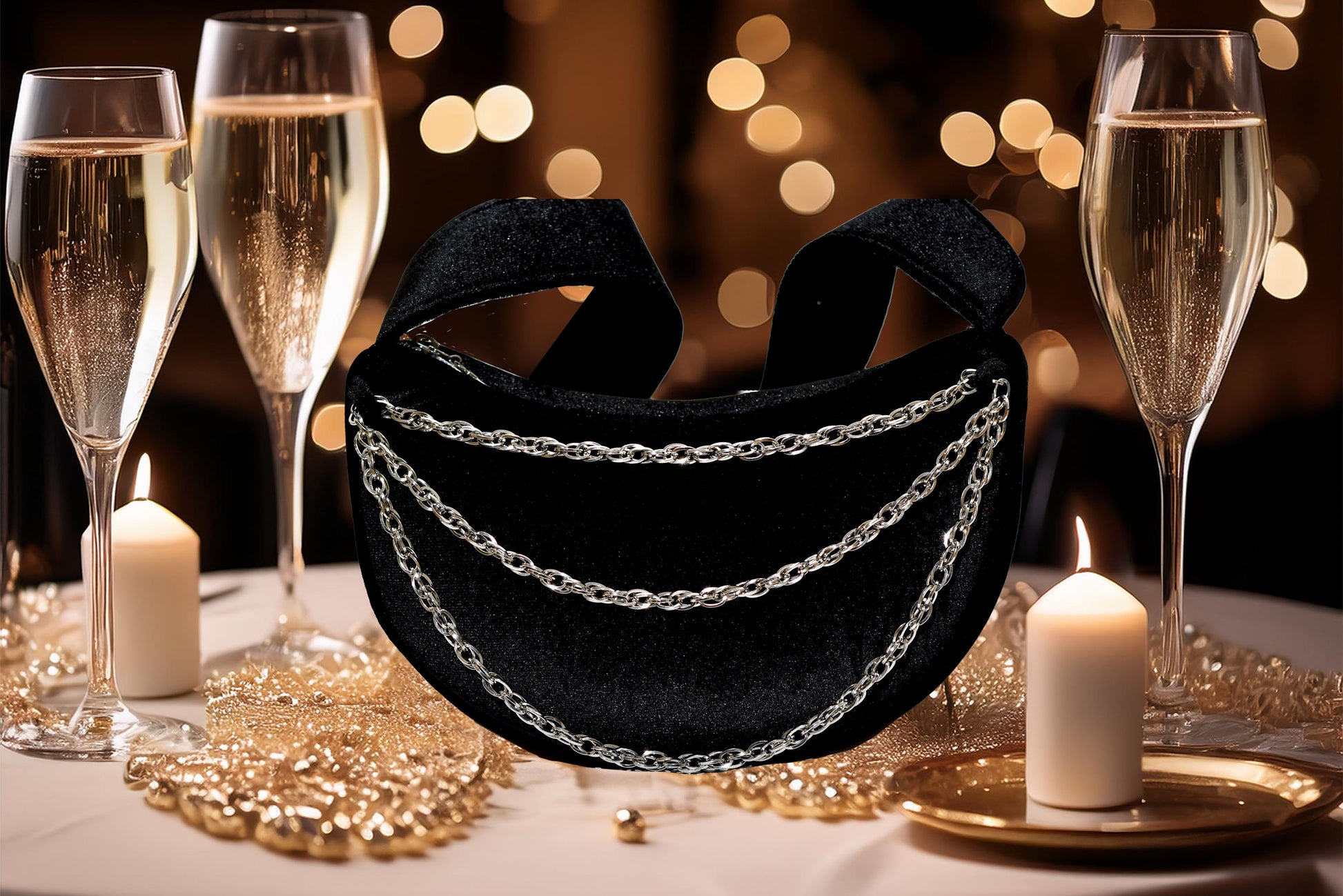 Black velvet bag with silver chains on a table with champagne glasses and candles.