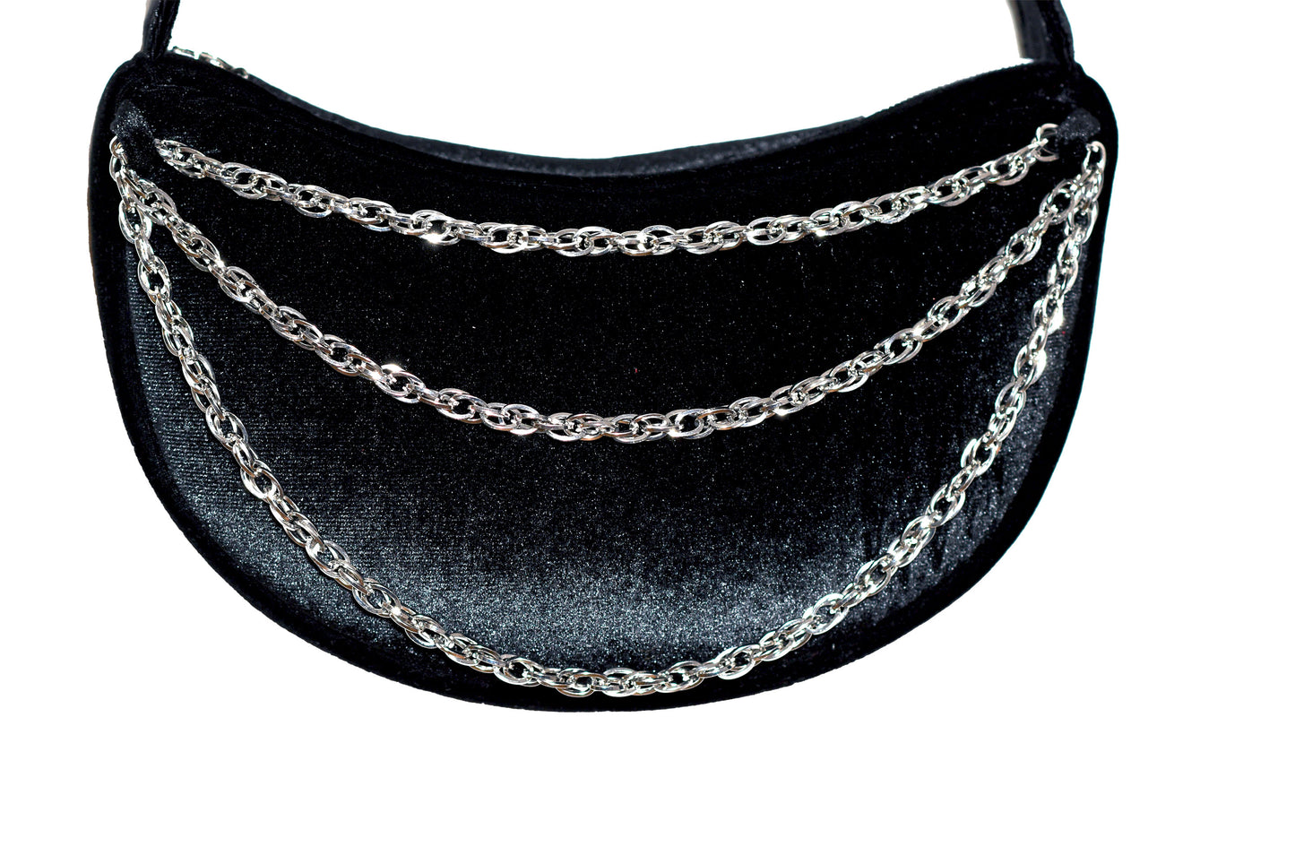 Black handbag with silver chain details on a white background