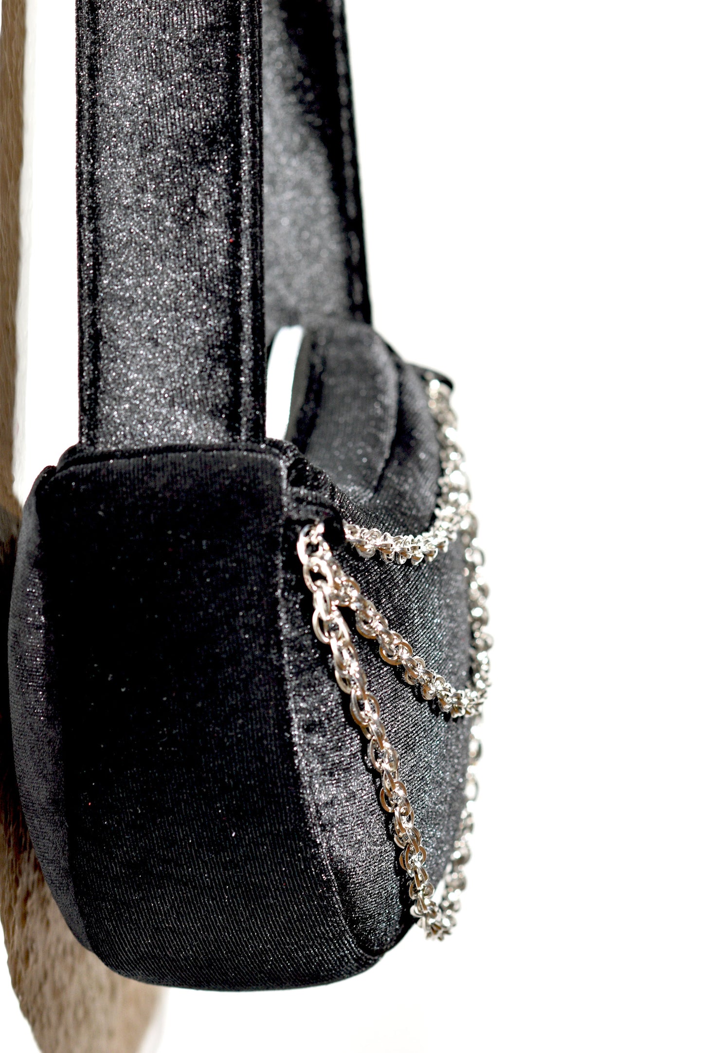 Black Velvet Evening Bag with Decorative Chains – Soft Elegance Half-Moon Shoulder Purse for Weddings & Special Events