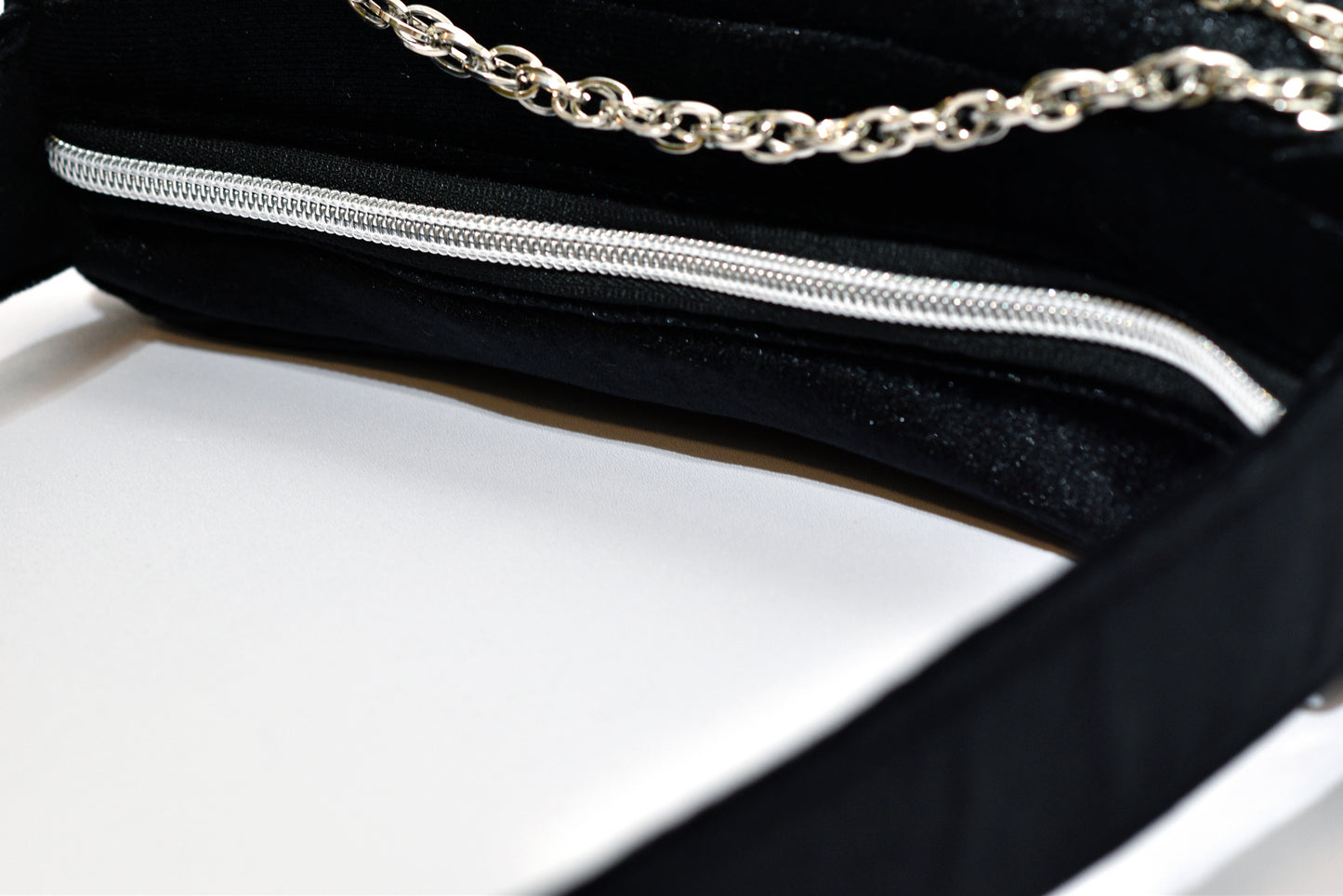 Black Velvet Evening Bag with Decorative Chains – Soft Elegance Half-Moon Shoulder Purse for Weddings & Special Events