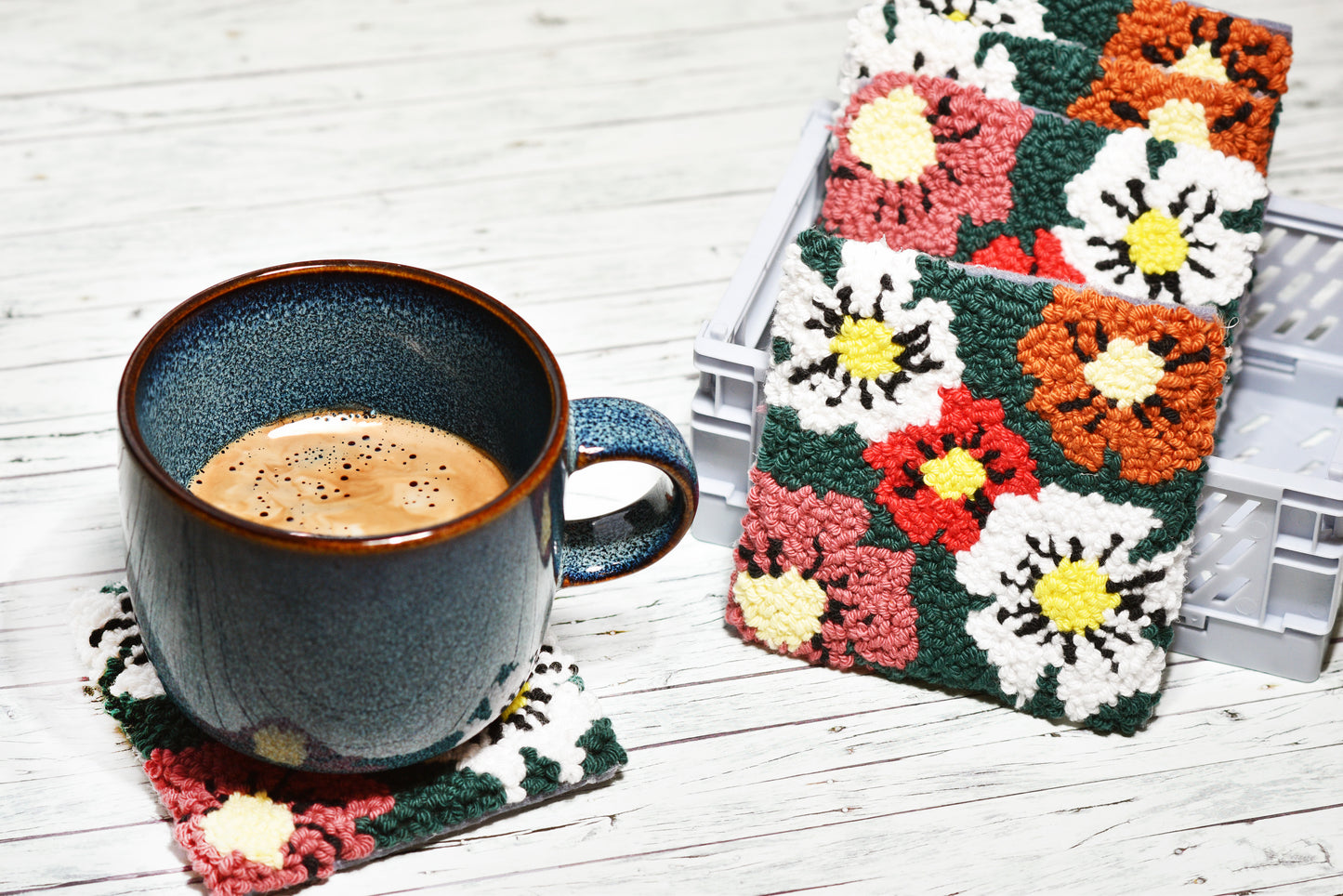 Punch needle mug rug—Floral pattern