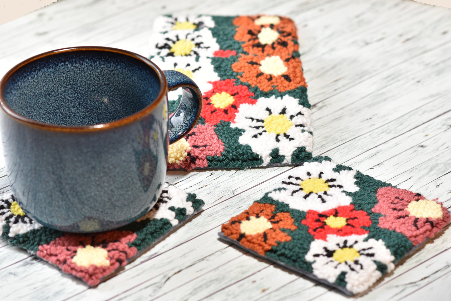 Punch needle mug rug—Floral pattern