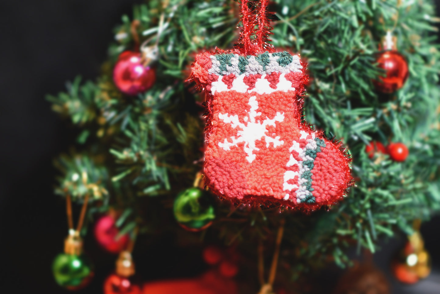 Christmas Punch needle ornaments - Christmas Stocking hanging on a Christmas tree