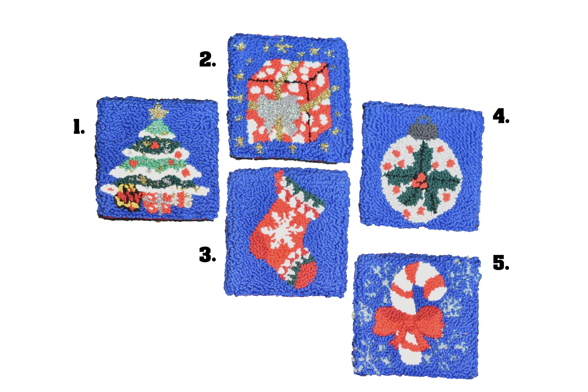 Christmas Punch needle Mug rugs coasters with designs including Xmas Tree, Cozy Stocking, Candy Cane, Xmas gift package, Misstletoe