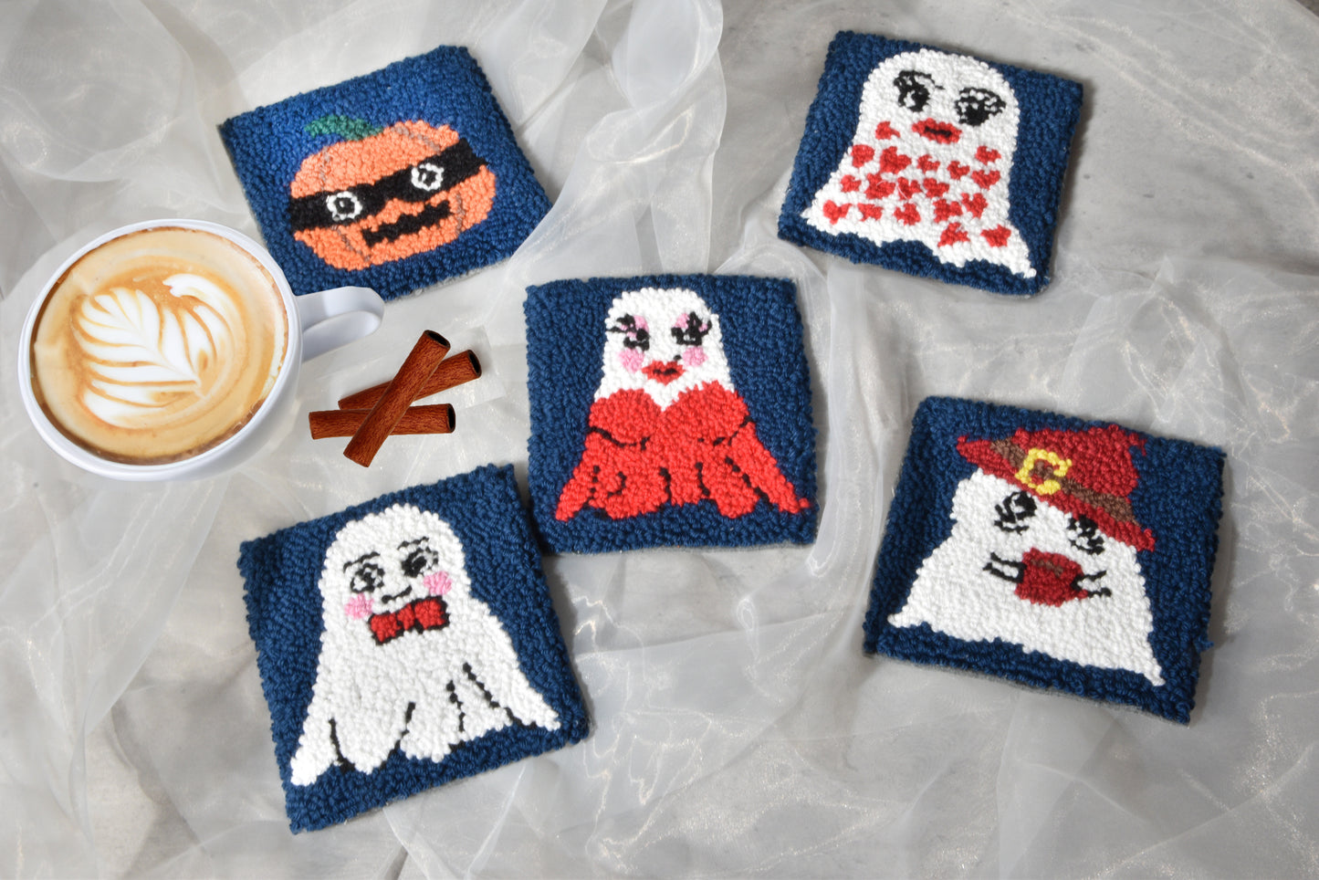 Halloween punch needle mug rugs - coasters. Ghost family meets pumpkins